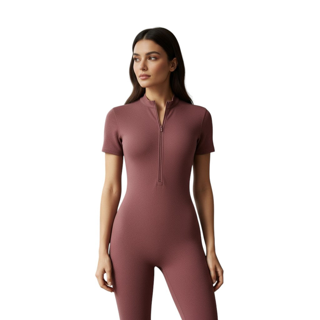 Short Sleeve Sports Jumpsuit with Front Zip