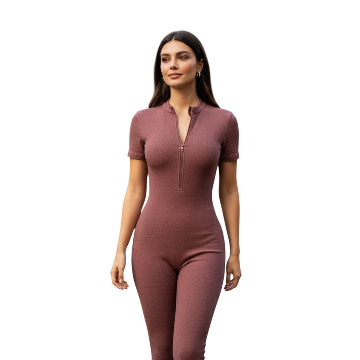 Short Sleeve Sports Jumpsuit with Front Zip