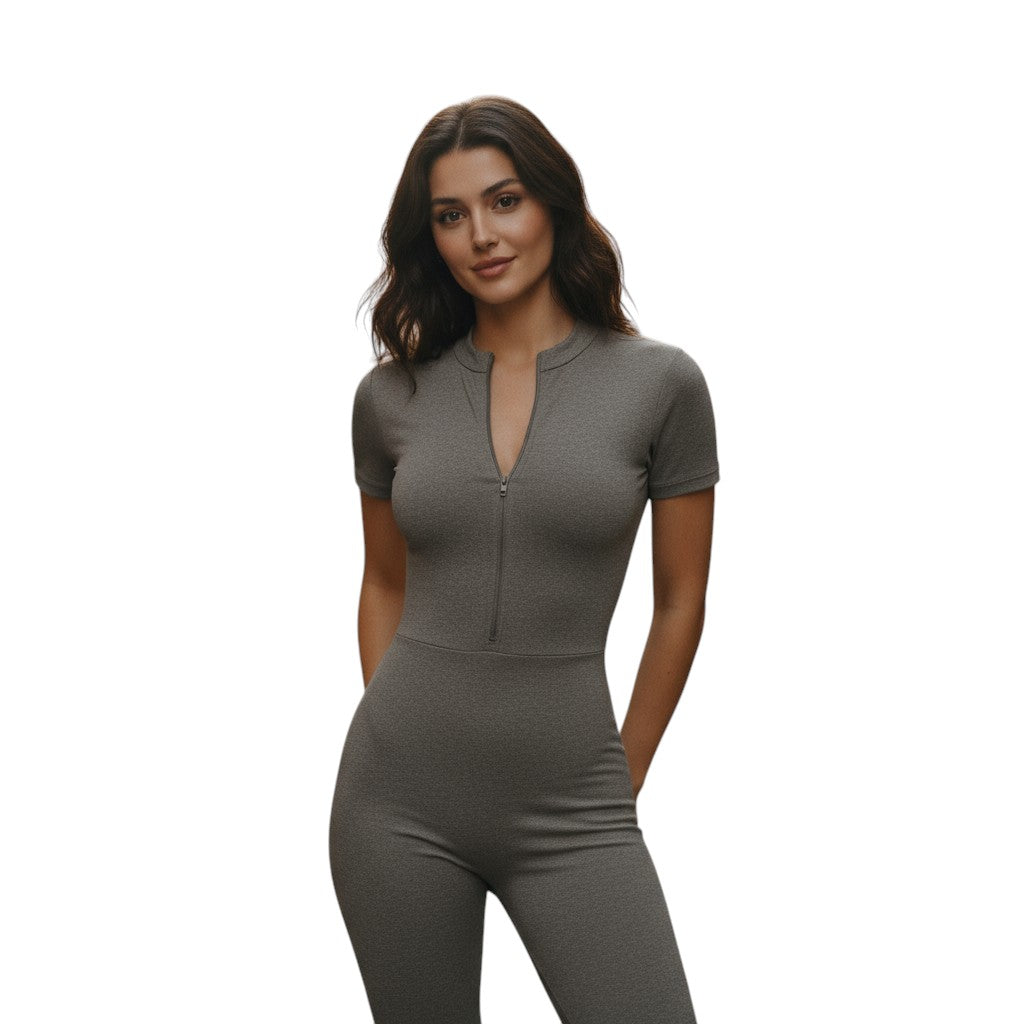 Short Sleeve Sports Jumpsuit with Front Zip