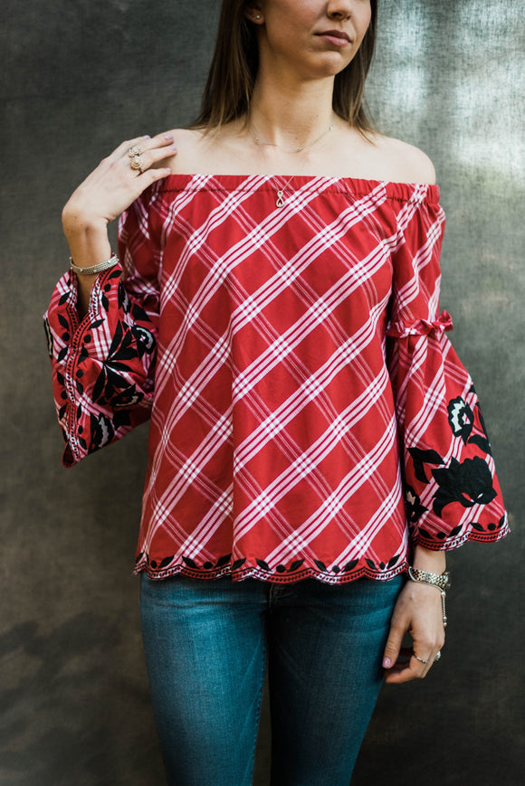 Sharon Young Red Off the Shoulder Top